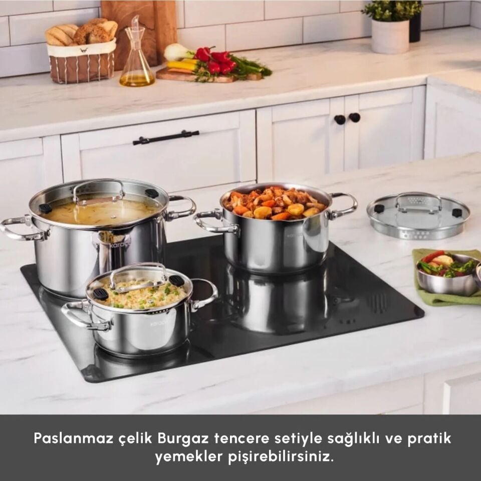 Karaca Burgaz 8 Parça Katlanabilir Kulplu İndüksiyon Tabanlı Çelik Tencere Seti
