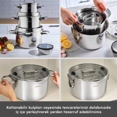 Karaca Burgaz 8 Parça Katlanabilir Kulplu İndüksiyon Tabanlı Çelik Tencere Seti