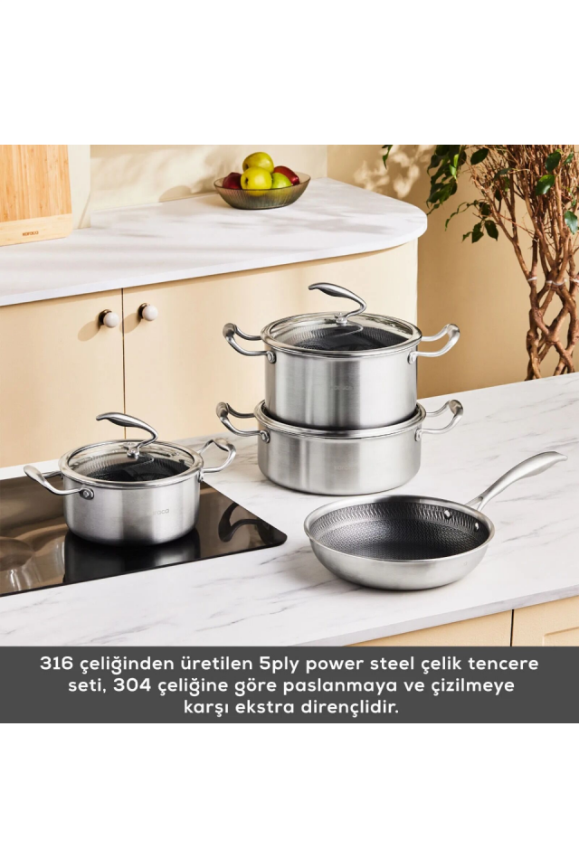 Karaca Powersteel 5Ply 316+ İndüksiyon Tabanlı 7 Parça Çelik Tencere Seti