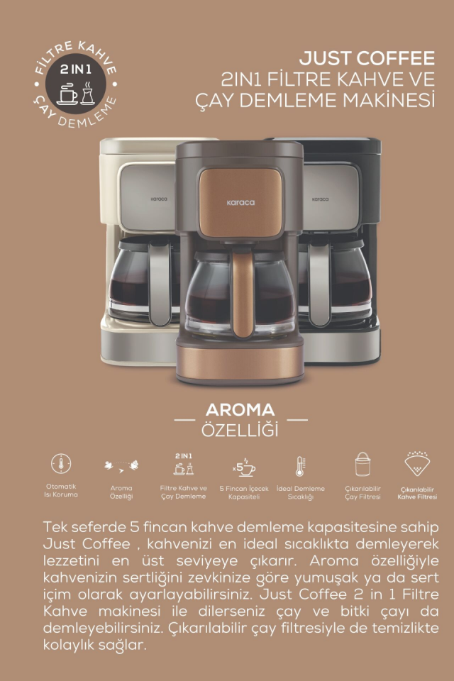 Karaca Just Coffee Aroma 2 in 1 Filtre Kahve Makinesi Walnut Brown
