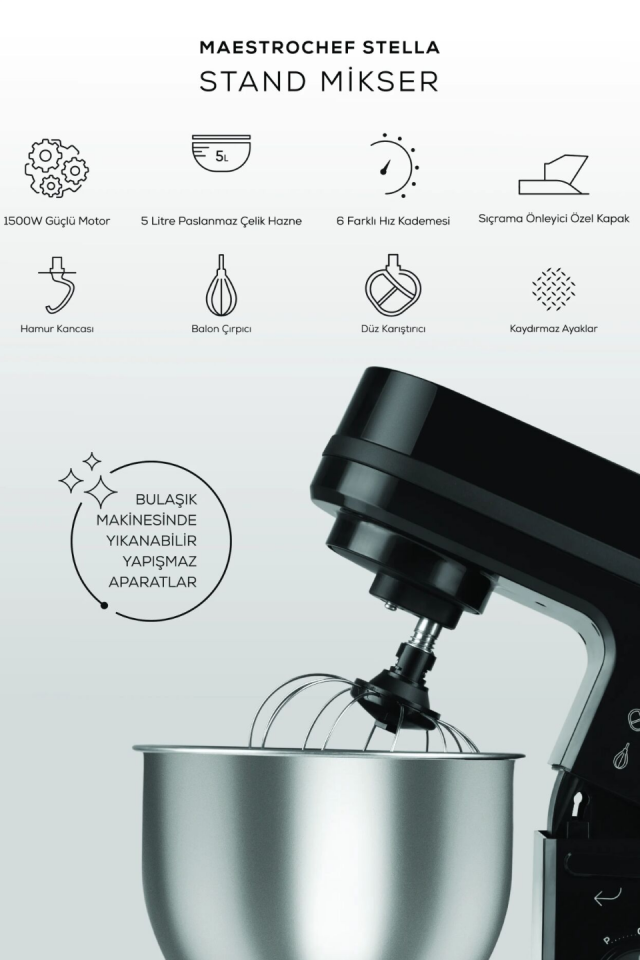 Karaca Maestrochef Stella Hamur Yoğurma Makinesi Siyah 1500W 5L