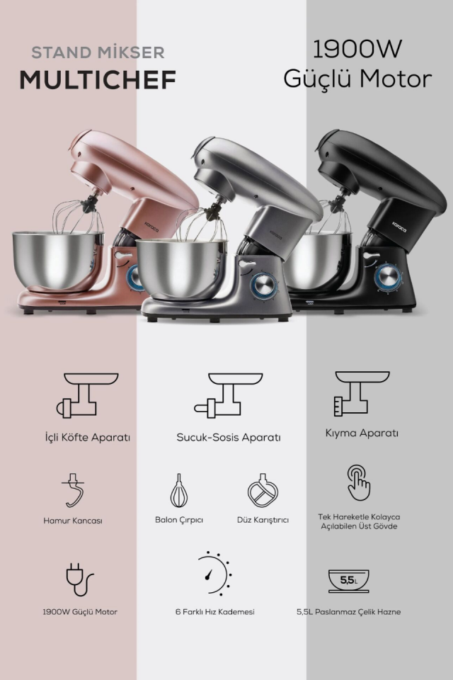 Karaca Multichef Kıyma Çekme /Sucuk-Sosis/İçli Köfte Aparatlı Hamur Yoğurma Makinesi Antrasit 1900W 5,5L