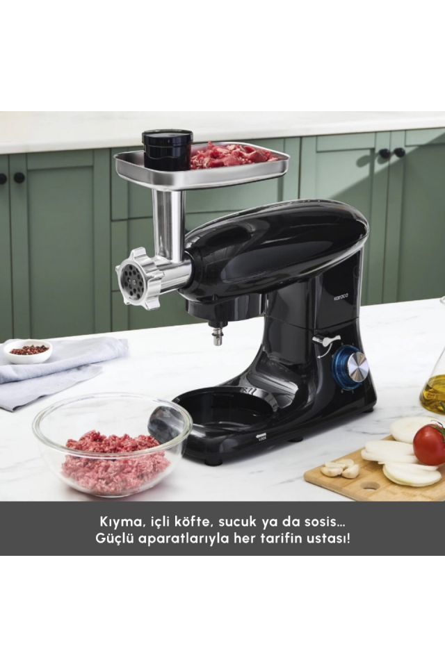 Karaca Multichef Kıyma Çekme /Sucuk-Sosis/İçli Köfte Aparatlı Hamur Yoğurma Makinesi Shiny Black 1900W 5,5L