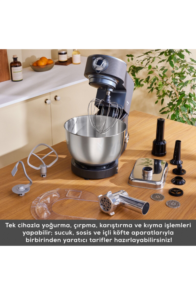 Karaca Multichef Ultra Kıyma Çekme/Sucuk-Sosis/İçli Köfte Aparatlı Hamur Yoğurma Makinesi Antrasit 2000W 7L