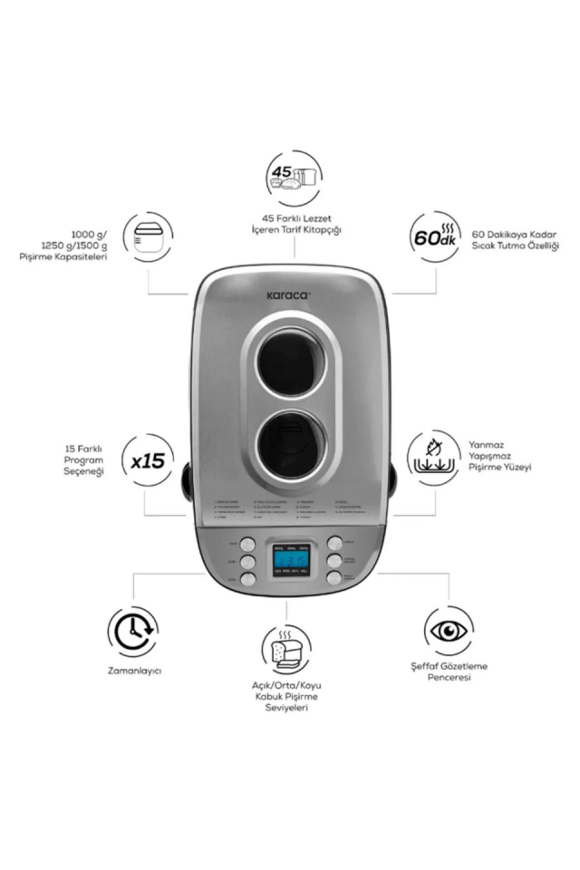 Karaca BakeXL Reçel, Yoğurt, Hamur Yoğurma ve Ekmek Yapma Makinesi Çift Bıçaklı Inox Siyah, 1500 g, 45 Farklı Tarifli Kitapçıklı