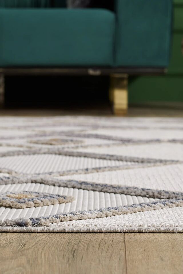 EMPERA Ibiza - Bold Geometrik Çizgili Toz Vermeyen İskandinav Desen Saçaklı Halı