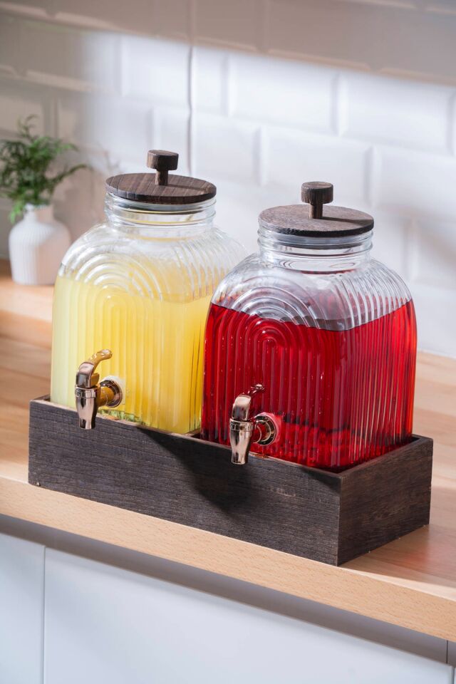 Dominic 2 li Ahşap Standlı Cam Sebil - 3 lt