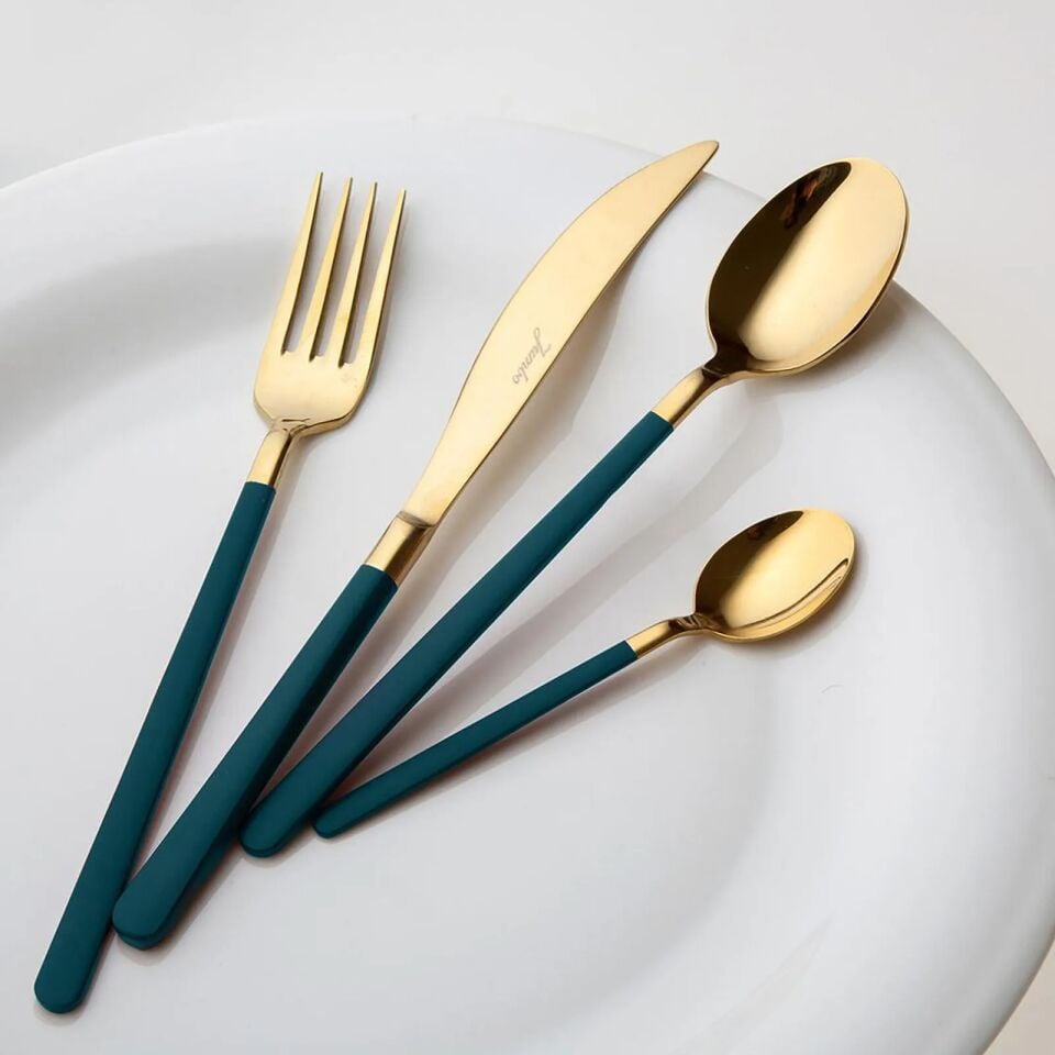 Jumbo Paint Mat Green Gold 6 Kişilik 24 Parça Tatlı Çatal Kaşık Bıçak Takımı