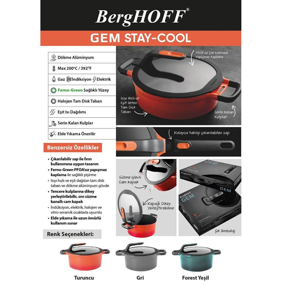 Berghoff Gem Stay Cool Derin Tencere Açık Yeşil 24cm