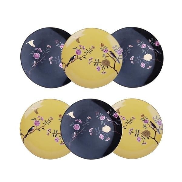 Lucky Art Lucile Siyah Sarı Kuş Desenli 6'lı Porselen Servis Tabağı Seti 20 cm LYWY 007