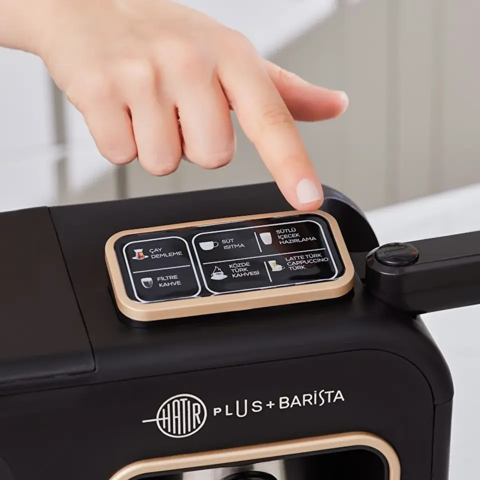 Karaca Hatır Plus Barista Steel 6 in 1 Konuşan Latte Cappuccino ve Közde Türk Kahve Makinesi Mineral Gold