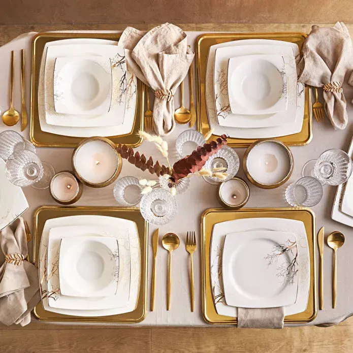 Karaca Square Bone Autumn 53 Parça 12 Kişilik Yemek Takımı Gold