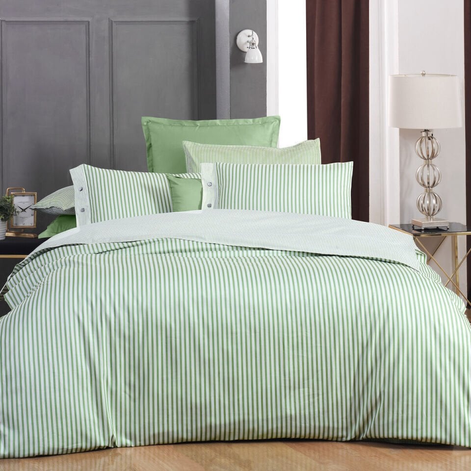 Sarev Tommy Saten Çift Kişilik Çizgili Yeşil Nevresim Takımı