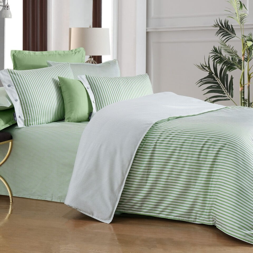 Sarev Tommy Saten Çift Kişilik Çizgili Yeşil Nevresim Takımı